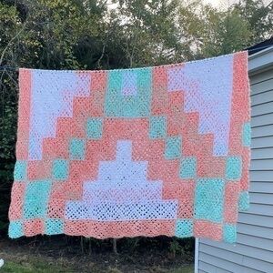 Handmade Crochet Afghan Blanket Peach Mint Green Pastel Large 64x64 Throw #201